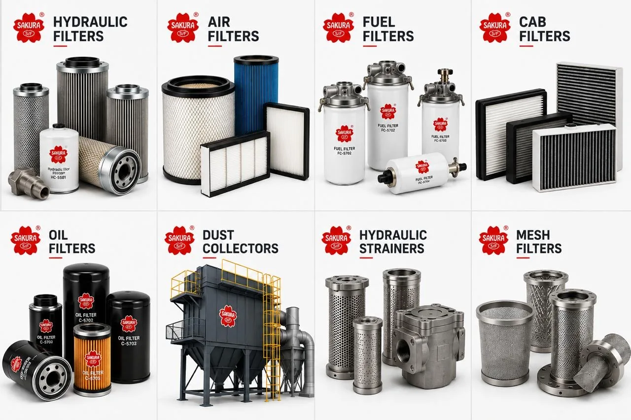Sakura filtration range including hydraulic, air, fuel, cab, oil, dust collector, strainer and mesh filters